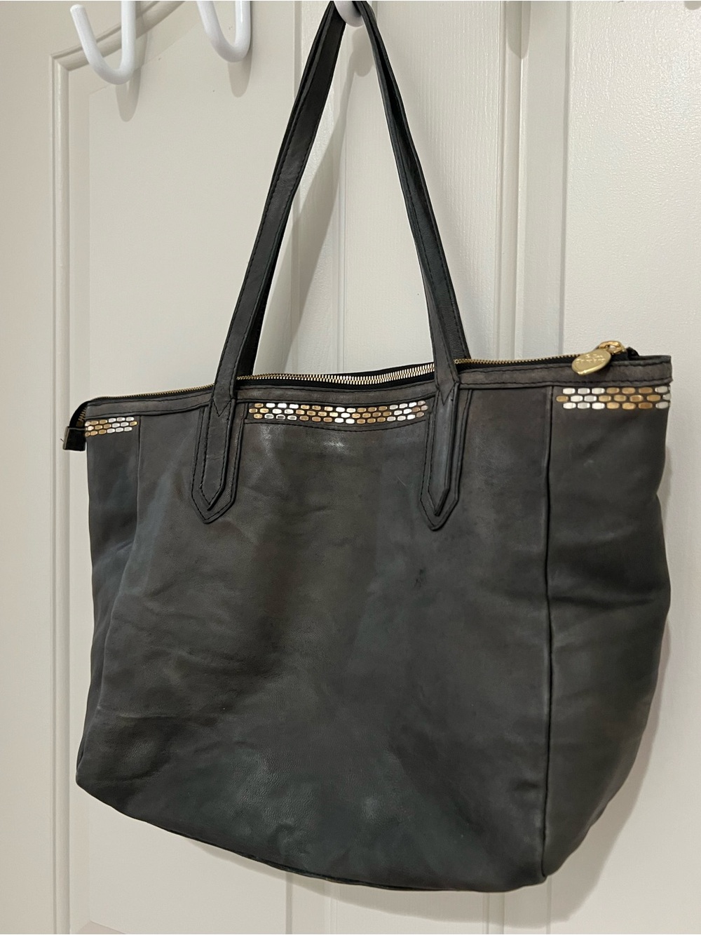 Dark Grey Leather Tote with Gold Stud Detailing